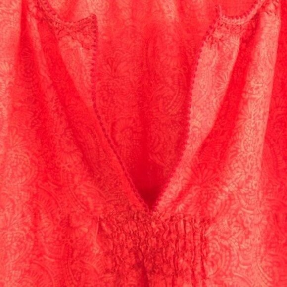 Eddie Bauer Blouse M Short Sleeves Pattern Semi-Sheer V-Neck Peasant Orange Boho - Picture 6 of 11